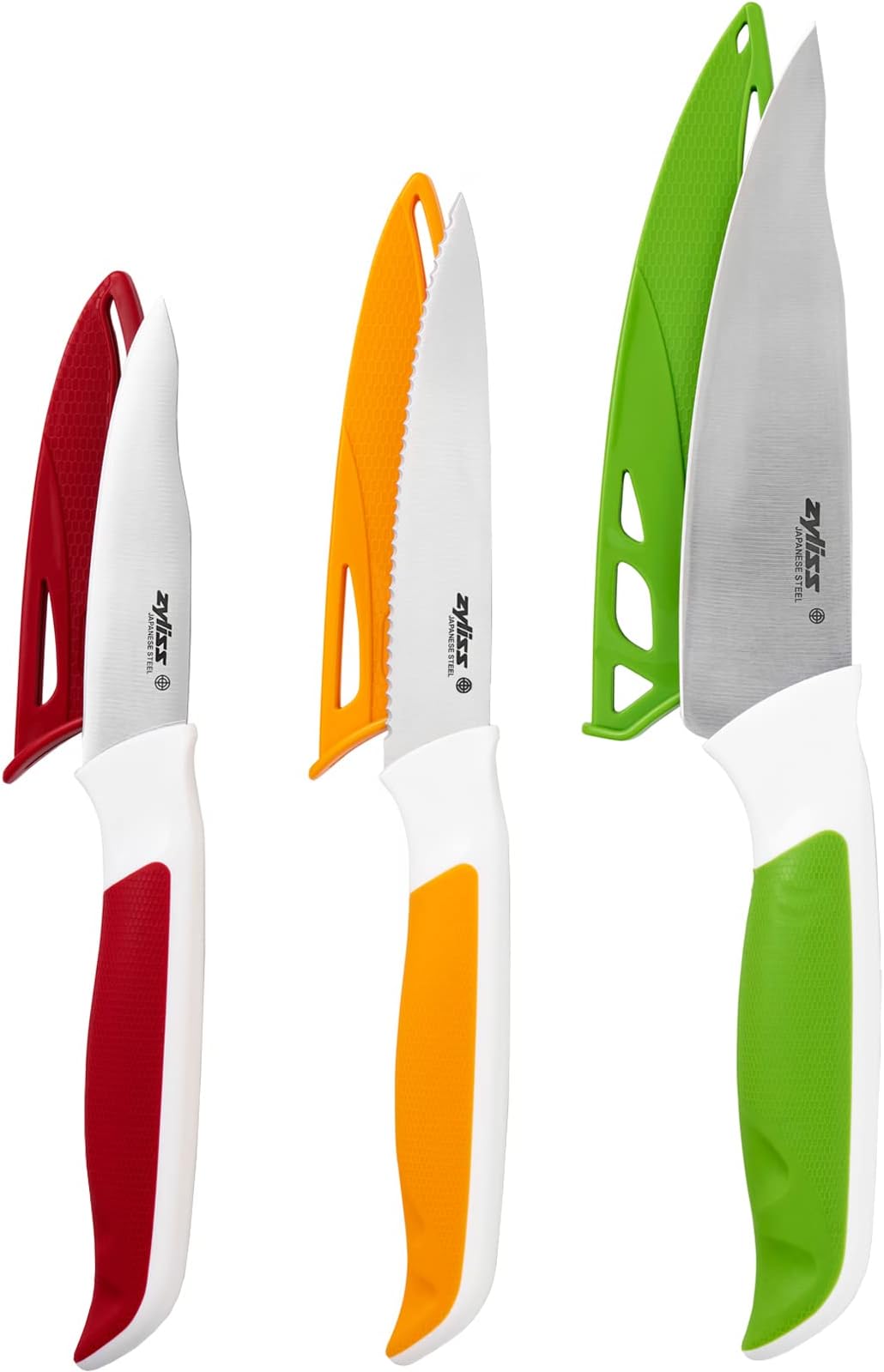 E920240 Comfort 3 Piece Knife Set, Multiple Sizes, Japanese Stainless Steel, Multicolour, 3 x Kitchen Knives with Protection Covers, Dishwasher Safe