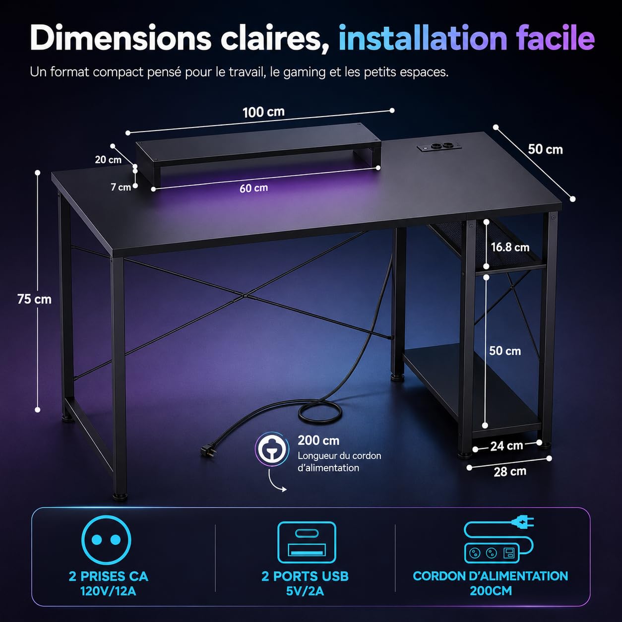 iSunirm Bureau Gaming Noir 100×50cm - LED RGB & Prises USB/Secteur Intégrées, Bureau Gamer avec Rangement Réversible, Compact pour Chambre, Étude & Télétravail