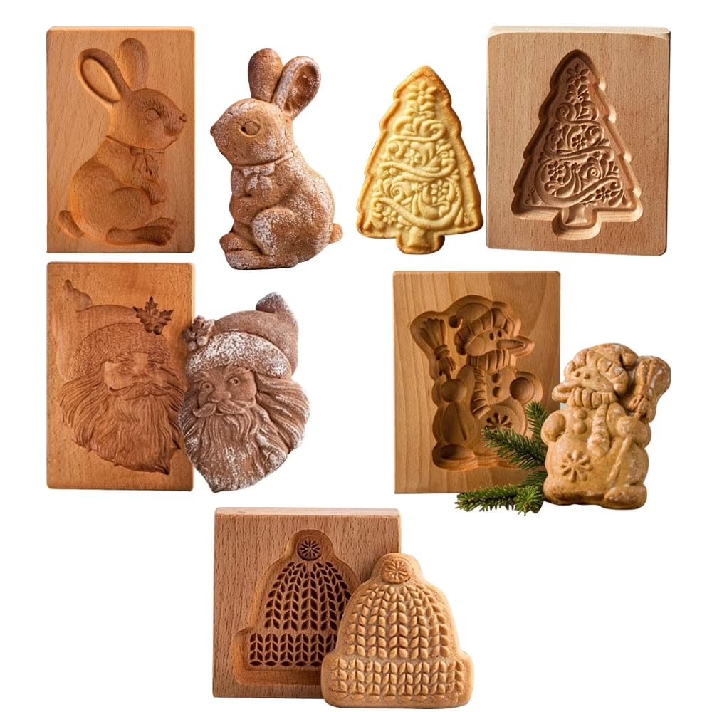 Juego de moldes de madera para galletas, 5 moldes tallados para hornear, moldes de galletas con formas de bricolaje, sello en relieve para galletas caseras