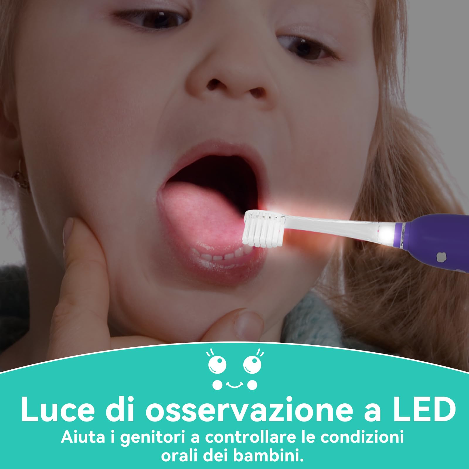 Spazzolino Elettrico Bambini Spazzolino Denti Elettrico Spazzolini Elettrici Spazzolino Bambini 0-6 Anni Spazzolino Da Viaggio Con 8 Testine Per, Luce LED, modello balena SG-2139,Viola