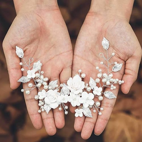 Miniatura 2 de CASDRE Flower Bride Wedding Hair Vine Pearl Bridal Headpiece - Accesorios para el cabello de hojas para mujeres y niñas (A plateado)