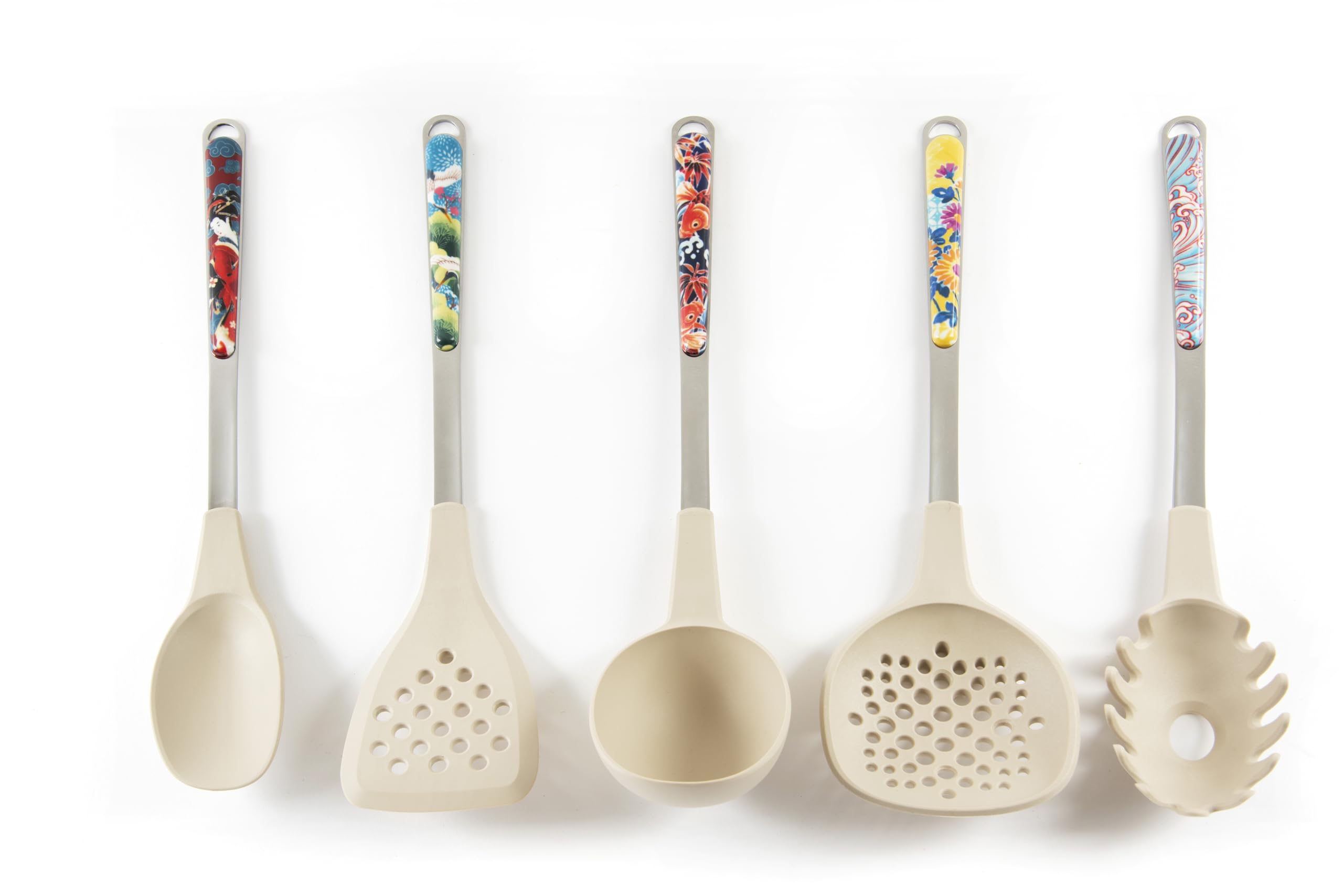 Excelsa Kimono 5-teiliges Küchenutensilien-Set, Schöpflöffel, Schaumlöffel, Spaghetti-Servierer, Löffel, Orientalische Dekoration