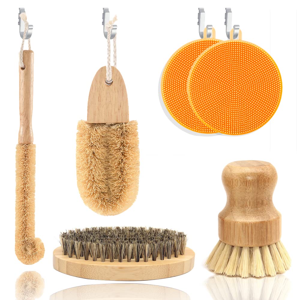 Kitchen Cleaning Brush Kit, ECO Friendly Brush Set, Wood Bottle Brush Pot Pan Brush wooden DishWashing Brush Vegetable Brush