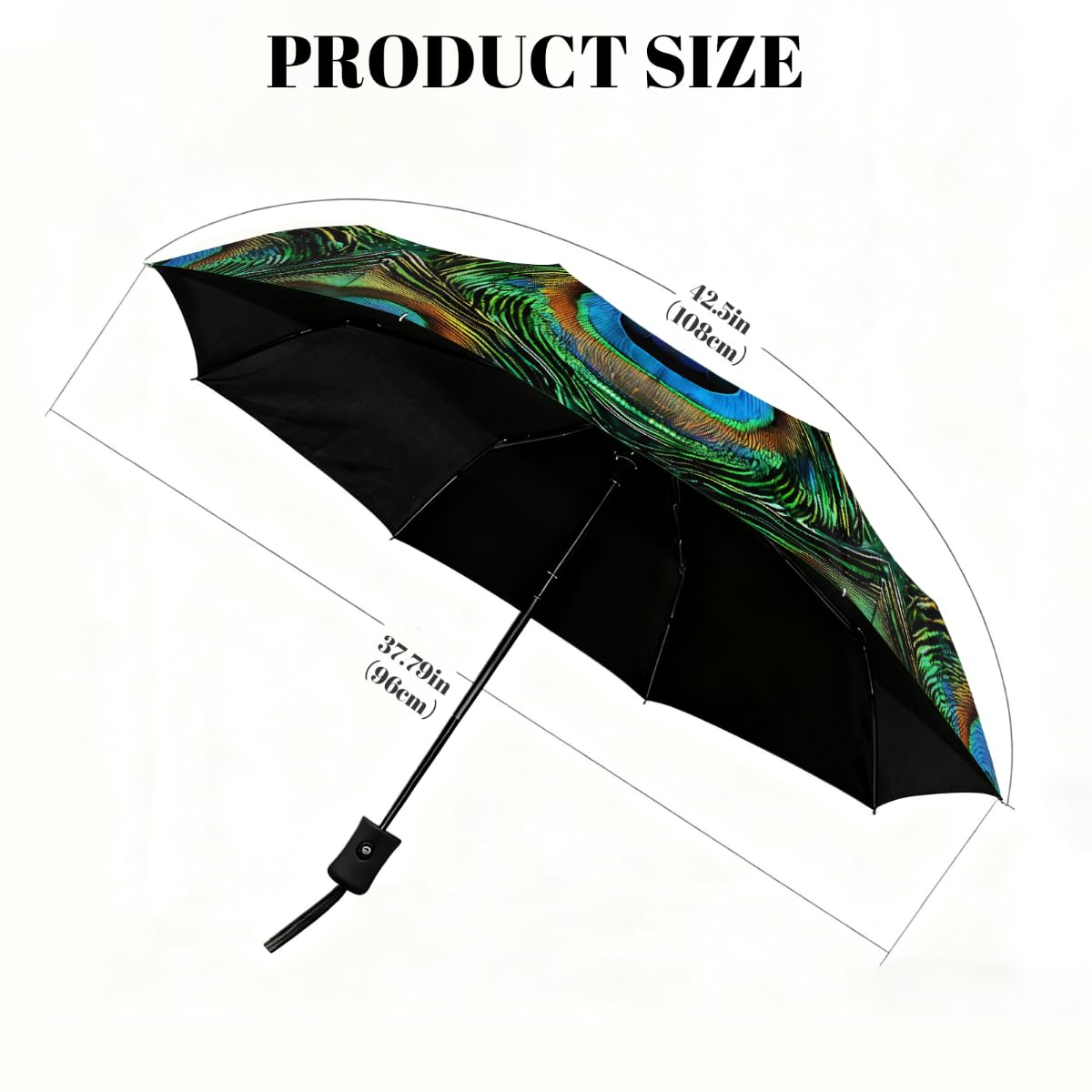 Ombrello pieghevole con motivo astratto con piume di pavone, ombrello da viaggio, compatto, antivento, impermeabile con protezione UV, rivestimento nero, leggero, 8 costole, portatile, per