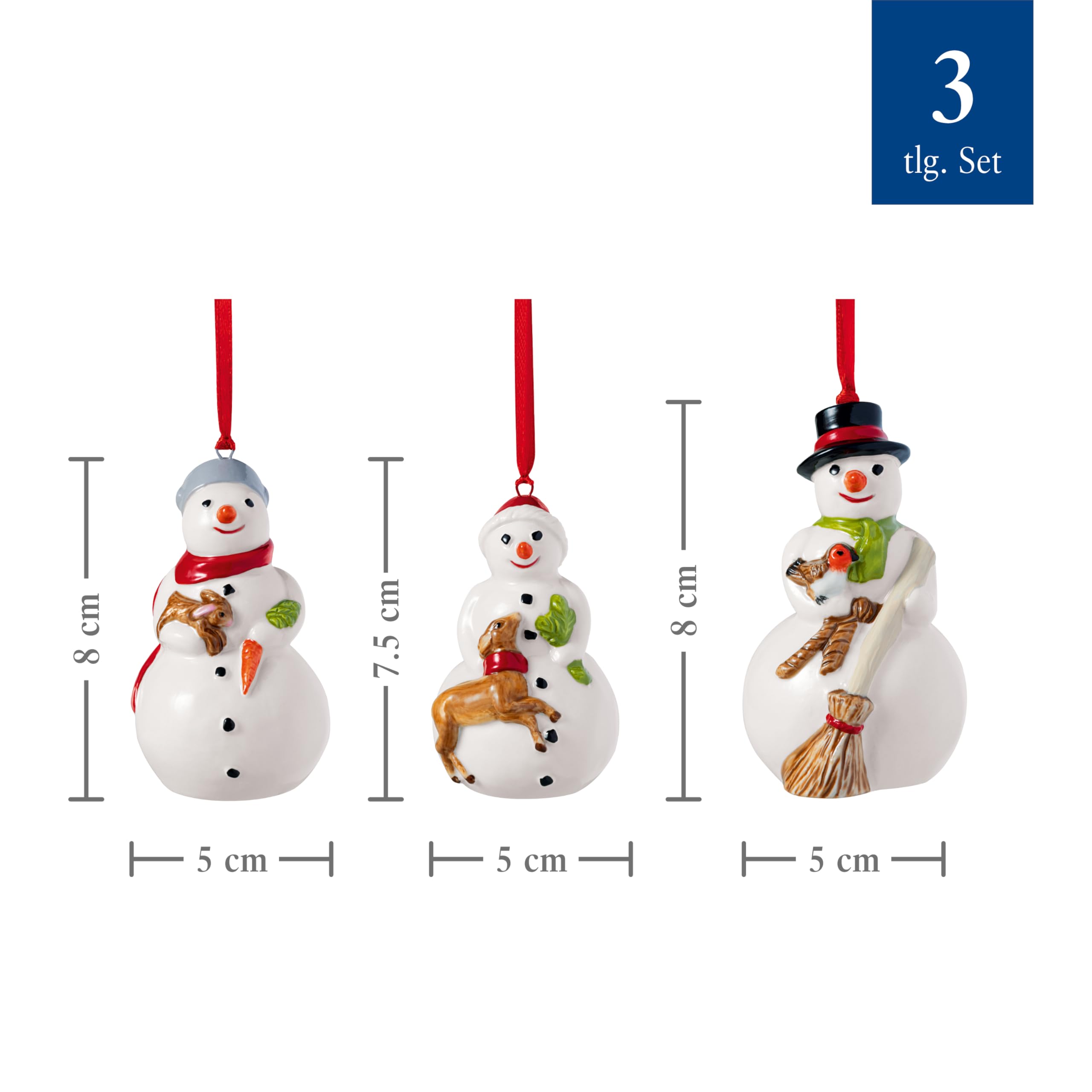 Villeroy & Boch Nostalgic Ornaments bonhommes de Neige, Ensemble de 3 pcs, 8 x 3,5 cm