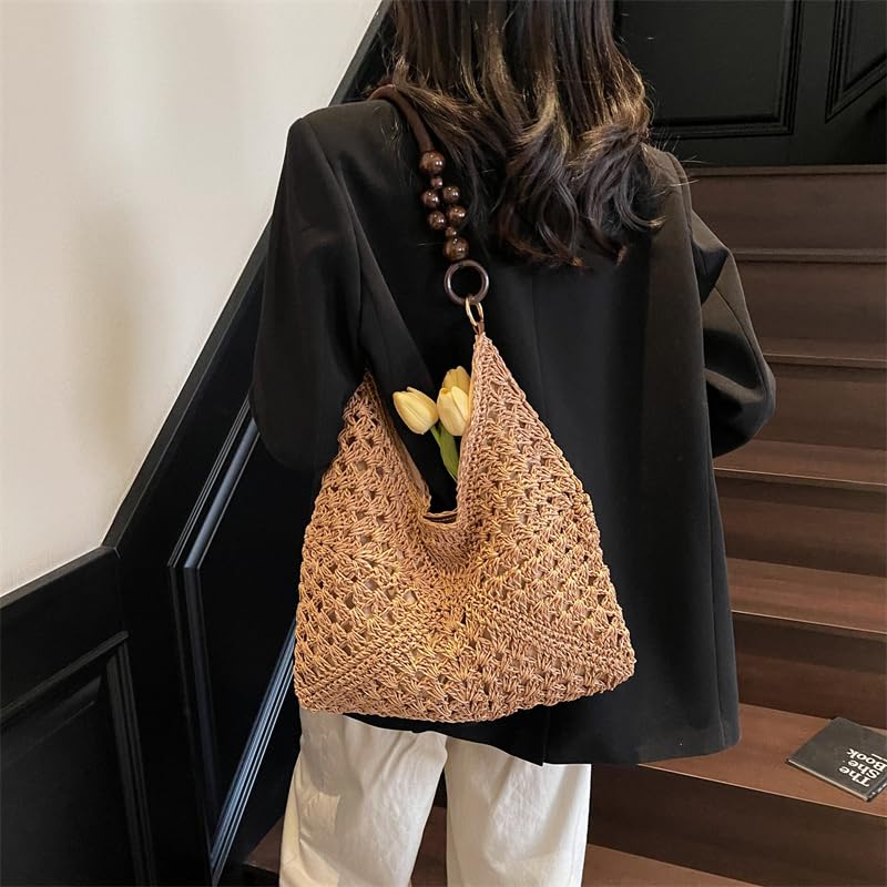 Women Stylish Knit Shoulder Bag Large Capacity Seaside Straw Shoulder Bag Wood Bead Hollowed Beach Bag Summer Beach Travel Ba2