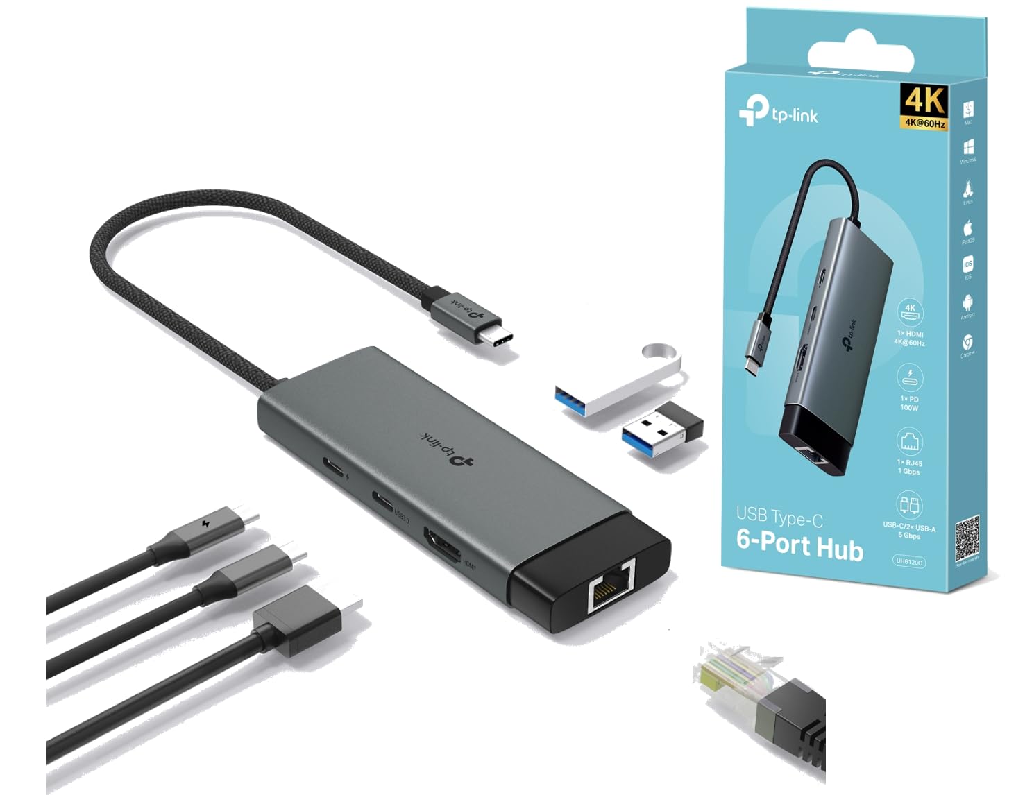 TP-Link UH6120C — 6-w-1 Hub USB-C z HDMI 4K@60Hz, Gigabit Ethernet, PD 100W, USB-A 3.0, Plug & Play, obudowa aluminiowa