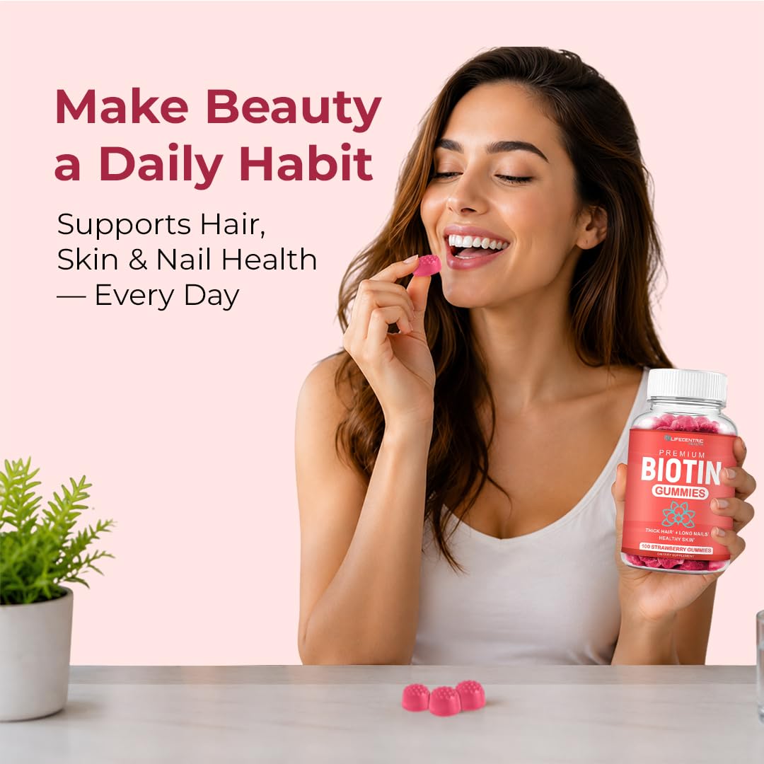 LifeCentric Health Biotin Gummies for Adults | Max Strength Biotin 10000mcg | Chewable Biotin Supplement for Women and Men | 100 Count Vegan Hair Gummies for Hair Skin and Nails — Amazon image 2