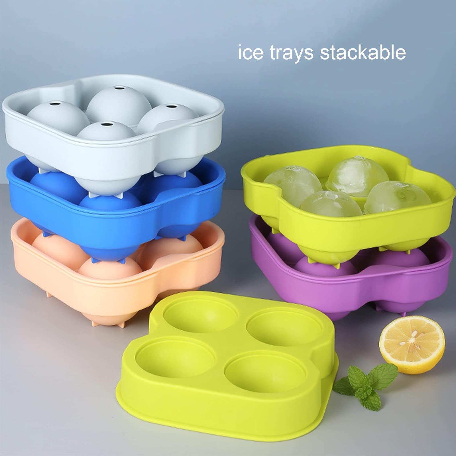 4er-Pack Silikon-Eiskugelform, runde Eiswürfelform mit Deckel, leicht zu lösen, gefriergeeignet und wiederverwendbar, BPA-frei, Grau