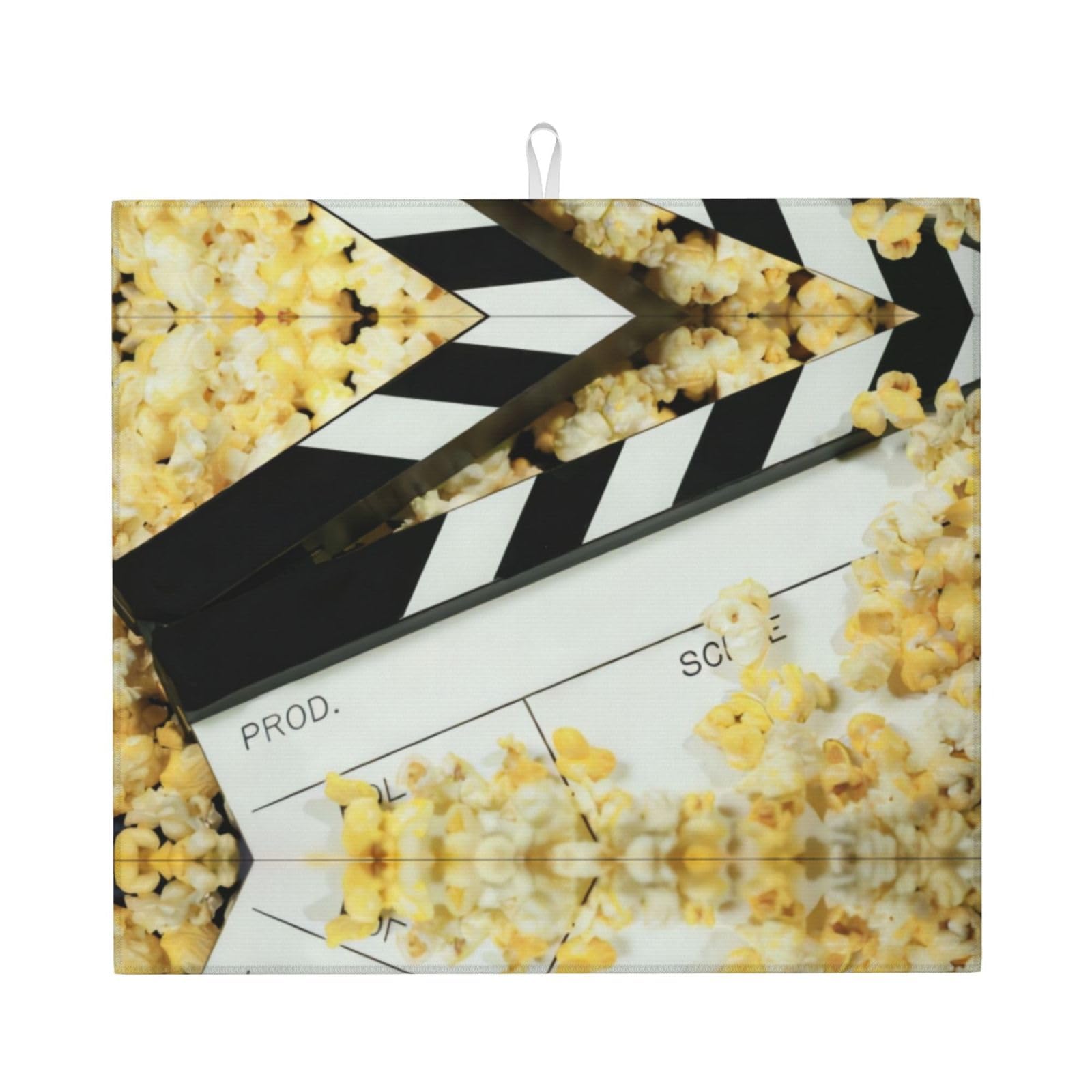 WHJSHOP Cinema Movie Clapboard And Popcorn Prints Kitchen Drying Mat – Absorbent Dish Throw for Countertops, Quick-Dry Non-Slip Layer with Colorful Prints, Ideal Housewarming Gift
