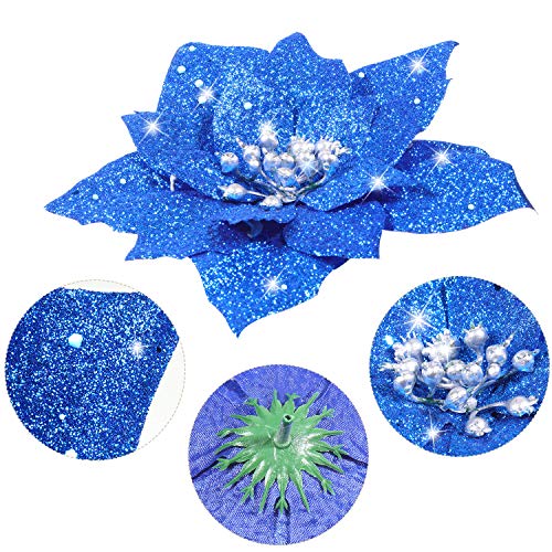 Flores Navideñas Artificiales Poinsettia Azul con Purpurina para Árbol de Navidad 24 Piezas 3