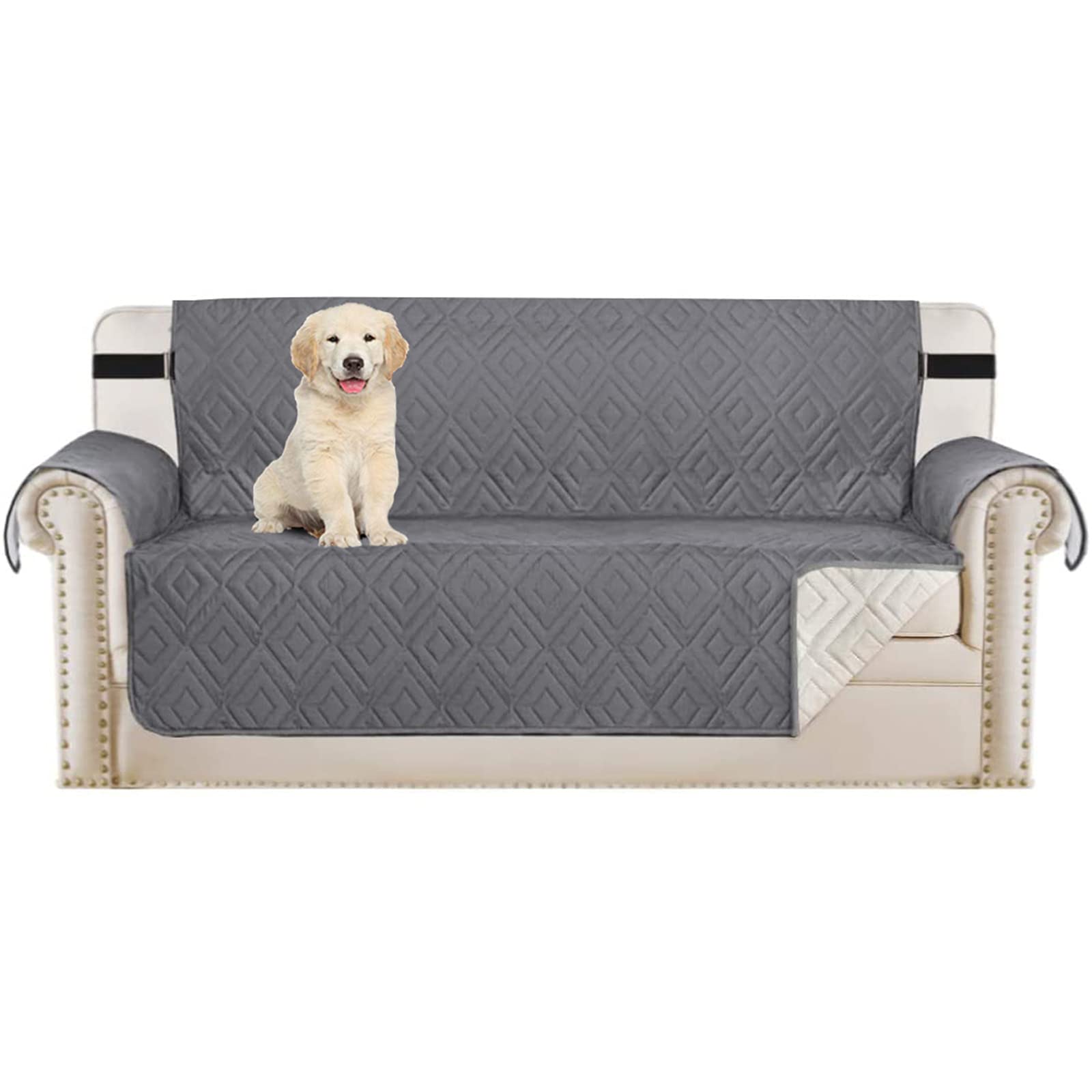 Quilted Sofa Cover Reversible Sofa Protector 1,2,3 Seater Armchair Cover with Adjustable Elastic Straps (Gray,2-seats)