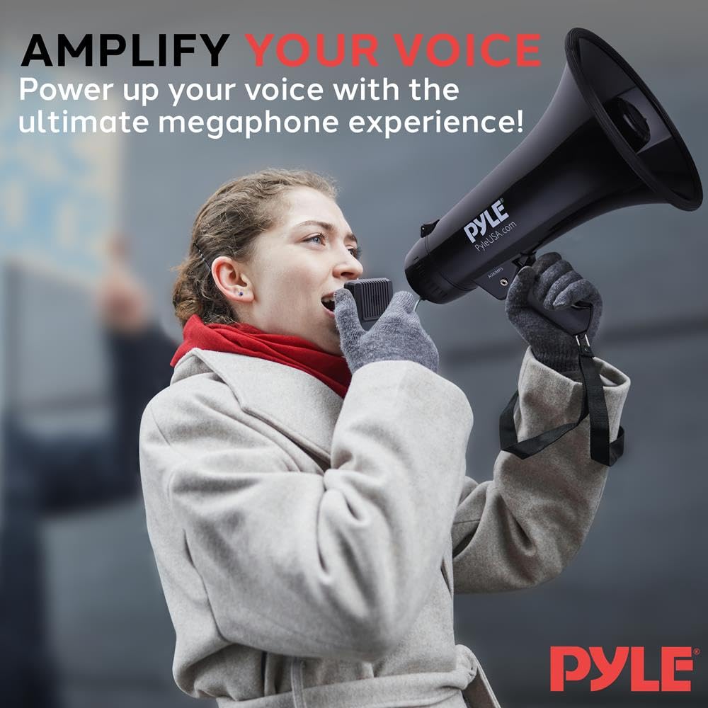 Pyle Altoparlante megafono ricaricabile da 50 W, a forma di corno forte con sirena, volume regolabile, portatile, Mega telefono per allenatori, insegnanti, eventi, sport e uso all'aperto