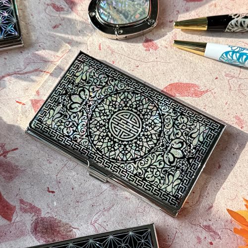 Image of Mother of Pearl Business Card Case Credit Id Name Holder Travel Wallet Art Painting Design Metal Stainless Steel Engraved Slim Purse Pocket Cash Money Wallet (N-Pattern)