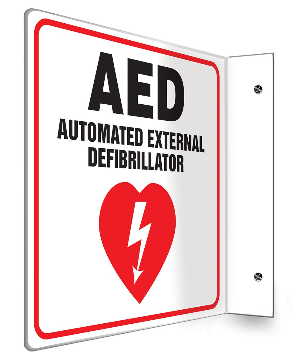 Accuform PSP972 Projection Sign 90D, "AED AUTOMATED External DEFIBRILLATOR" with Graphic, 8" x 8" Panel, 0.10" Thick High-Impact Lumi-Glow Plastic,