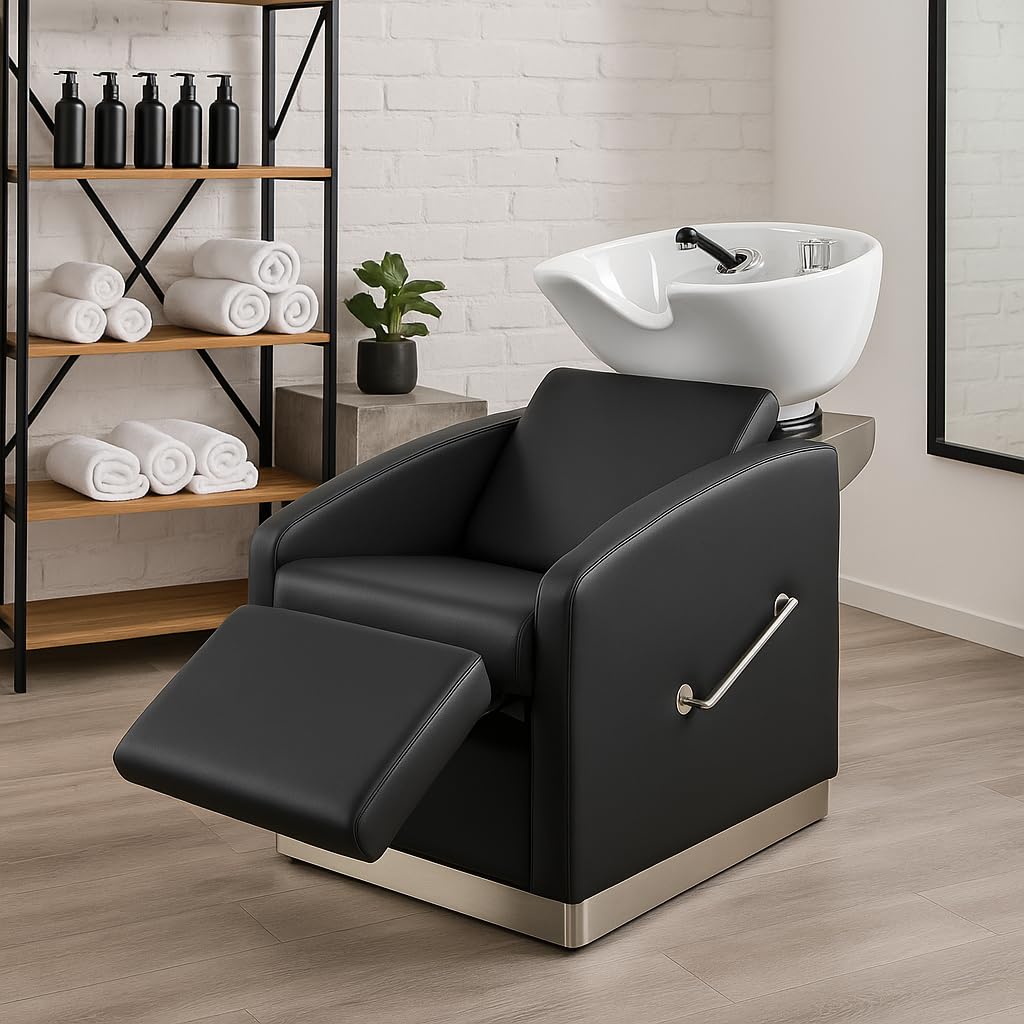 Italian Design - Lavacabezas de Peluquería Profesional Straight Line - Diseño Moderno y Funcional - Asiento Ergonómico y Acolchado, Cuba Basculante de Cerámica y Estructura Robusta - Color Negro