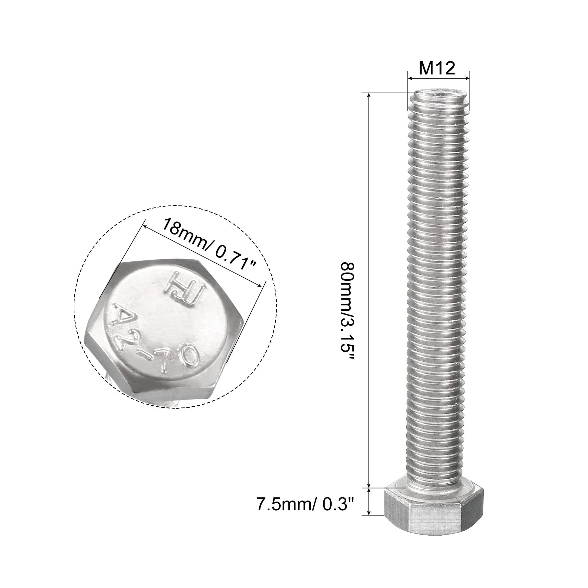 TA-VIGOR M12 x 80mm 5 Pack, 304 Stainless Steel Hex Head Bolts, Heavy Duty M12 Bolts for Automotive Machinery, Metalwork, Construction - Image 2