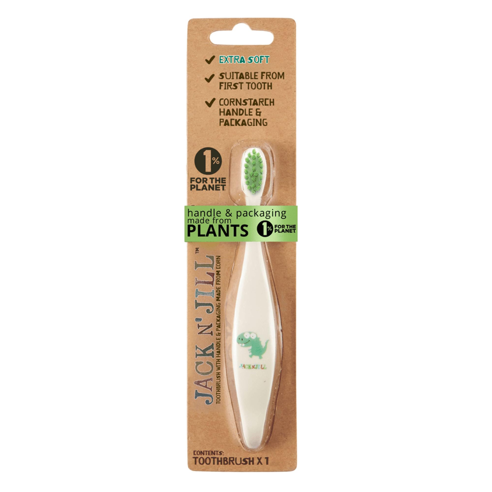 Jack N' Jill Kids Toothbrush Dino - Toddler Cornstarch Toothbrush Also Suitable for Kids and Babies, Ergonomic Handle, Extra Soft Bristles, Handle & Packaging Made from Plants (Corn), 1 Pack