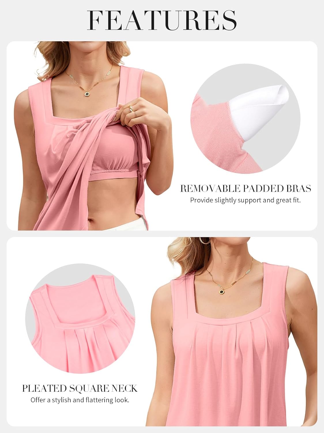 V FOR CITY Women Flowy Tank Top with Built in Bras Pleated Square Neck Tunic Tops Loose Summer Tanks Shirts - Image 4