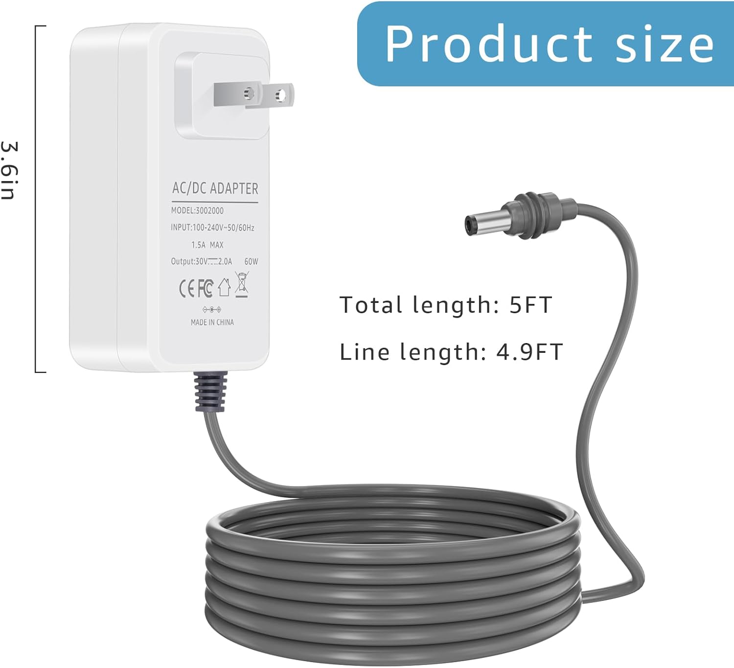 Replace for 60W Starlink Mini Power Adapter. 4.9FT Power Cord 30V 2A 60W Power Cord Fast Charger Suitable for Starlink Mini Accessories and Satellite Dish(1Pcs)