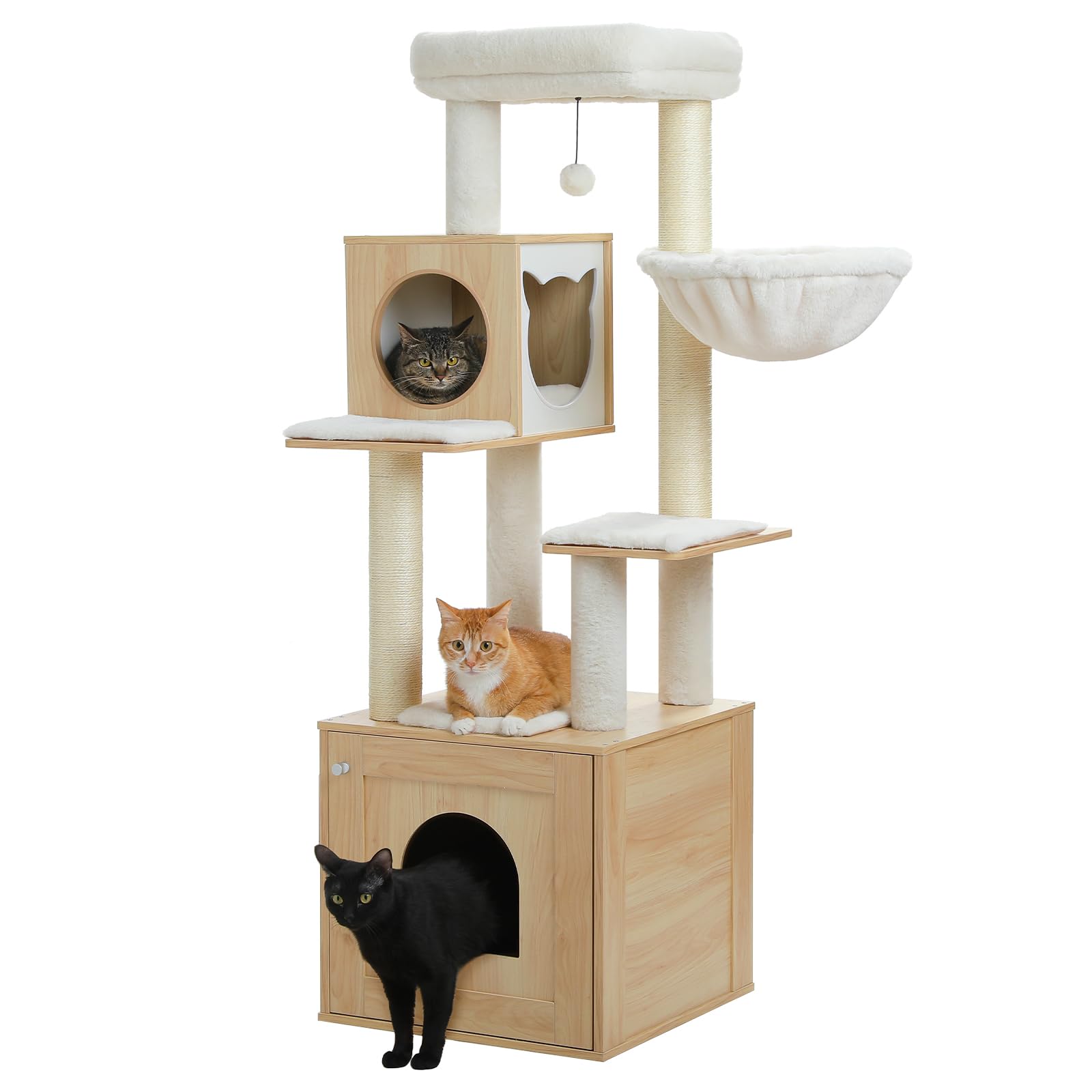PAWZ Road 146cm Cat Tree with Litter Box Enclosure Large and Sisal Scratching Post, 57.5" Wood Cat Tower for Indoor Cats with Storage Cabinet, Cozy Condo and Repalcable Dangling Balls, Beige