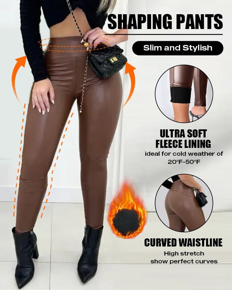 CHICME Womens Stretch Faux Leather Pants High Waist Curved Fleece Lined Tights Pants PU Leather Leggings - Image 5