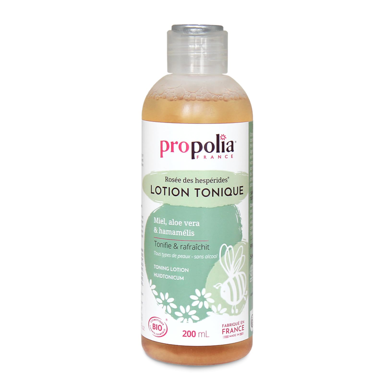 PROPOLIA - Bio - Lotion tonique - Nettoie, démaquille et tonifie - Miel, Aloe vera & Hamamélis - Adolescents et adultes - Fabriquée en France - 200 ml