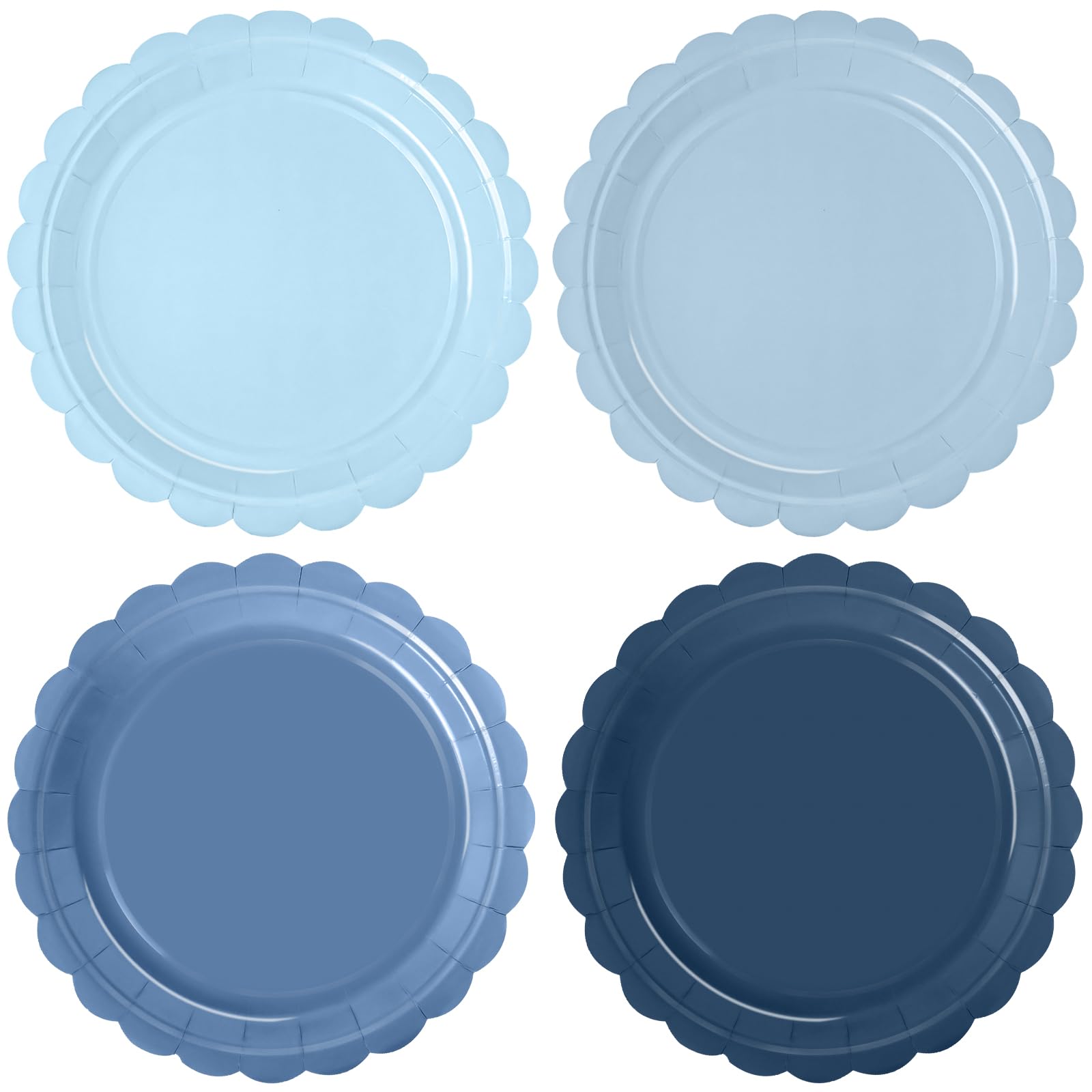 WNINK 48 Pcs Blue Paper Plates Gradient Blue Party Plates 7”Disposable Scalloped Dessert Plates for Birthday Wedding Bridal Engagement Baby Shower