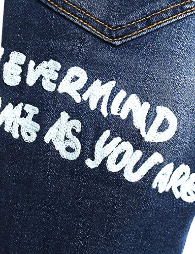 Kidscool Space Kids Calça jeans com cintura elástica com letras pintadas a óleo e furos rasgados, Az