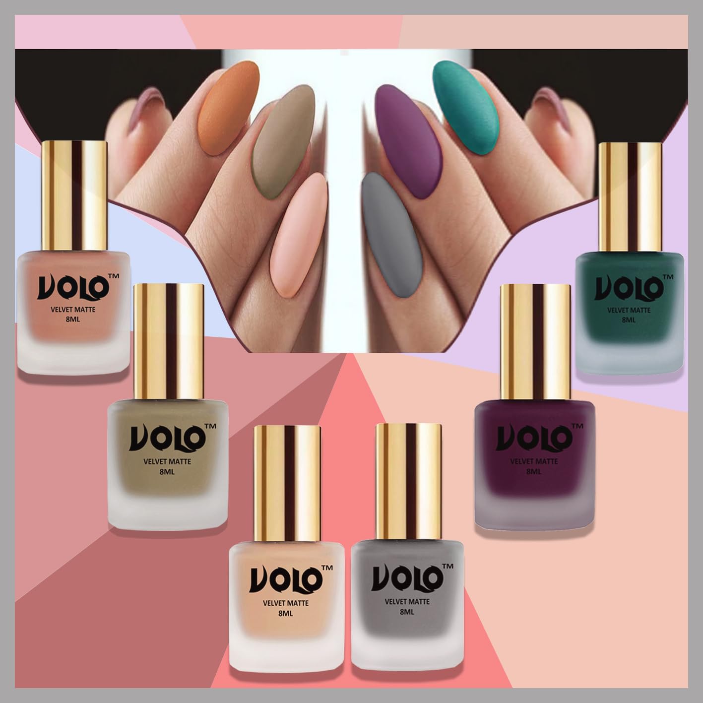 VOLO 6 Colors Matte Nail Polish Set, Mist Effect Matte Finish Long Lasting Waterproof (Light Wine, Sand Nude, Light Peach, Dark Green, Nude, Grey) 48ml