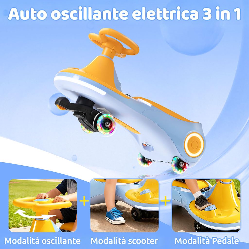 Auto a dondolo elettrica per bambini 12V, giocattolo 3-in-1 con pedale, batteria ricaricabile, 3 modalità, anti-ribaltamento, ruote luminose, musica, età 3-8 anni, 30-70kg, giallo blu