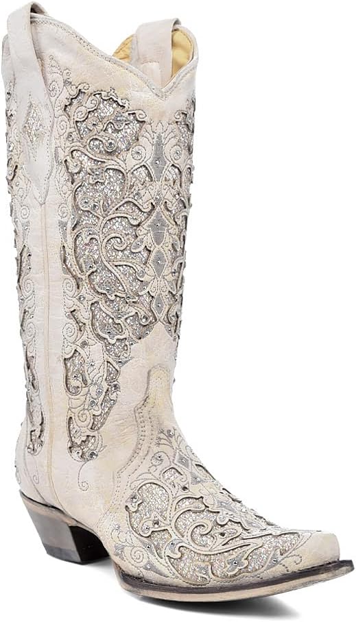 Corral Women's White Glitter Inlay & Crystals White Cowgirl Boots,