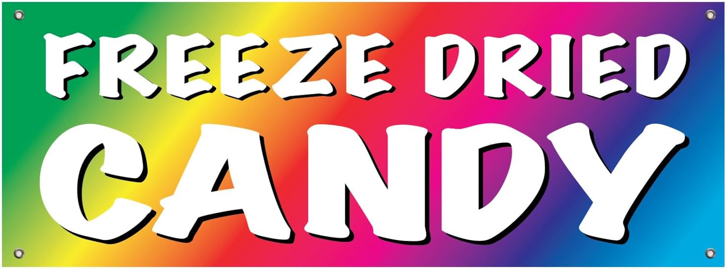 4LessCo 18x48 Inch FREEZE DRIED CANDY Vinyl Banner Sign With Grommet, Rainbow Color, rb