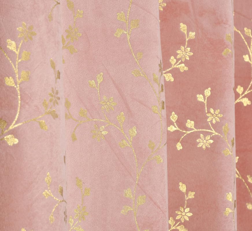 Image of Heavy Velvet Fabric Luxury Looks Room Darkening Floral Designer Curtains 9 Feet for Long Door, Pink, Pack of 2 Pieces