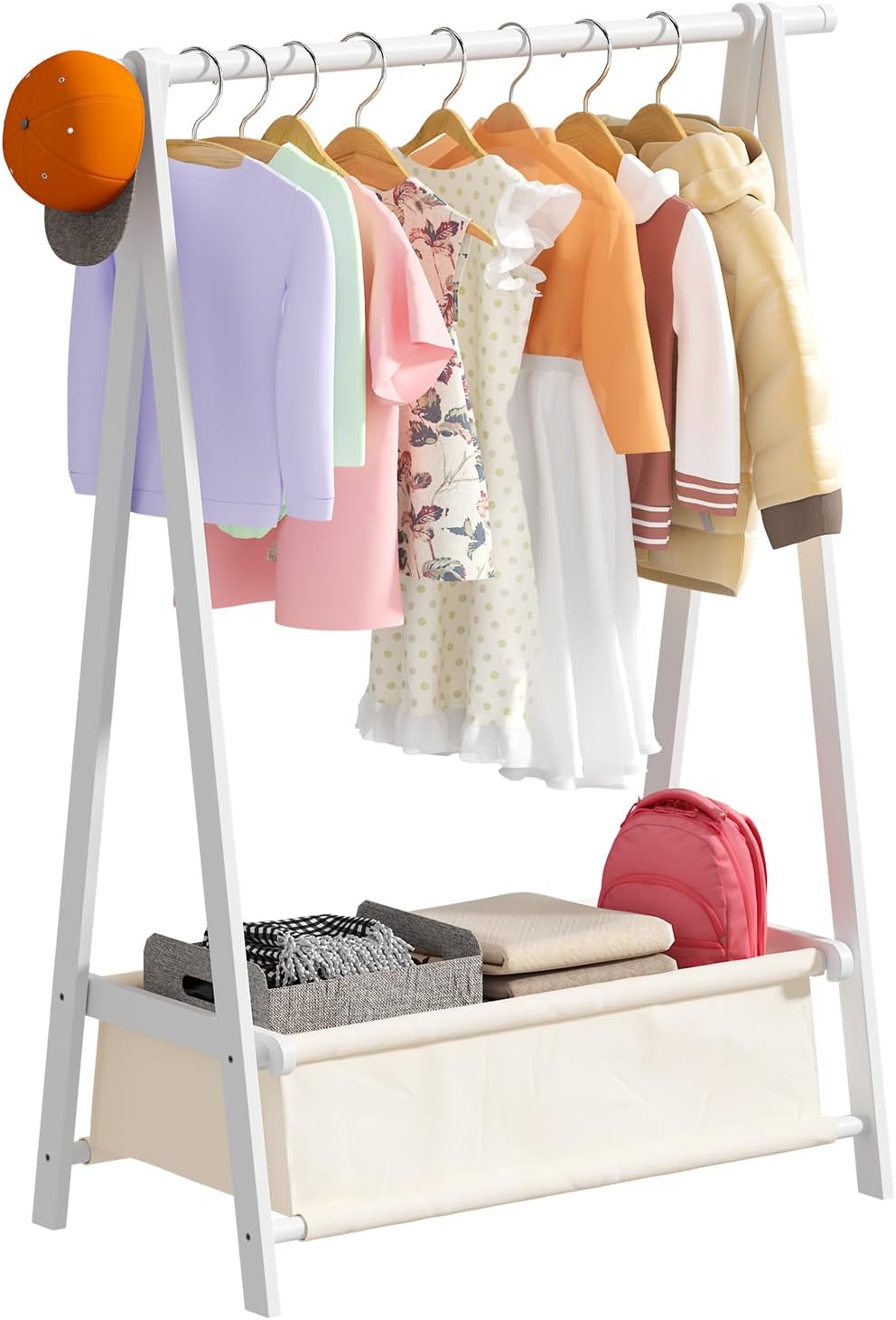 White Dress Up Rack - Clothing Rack with Storage Box, Dress Up Storage, Small Foldable Bamboo Garment Stand with Hanging Rods, Dress Up Holder