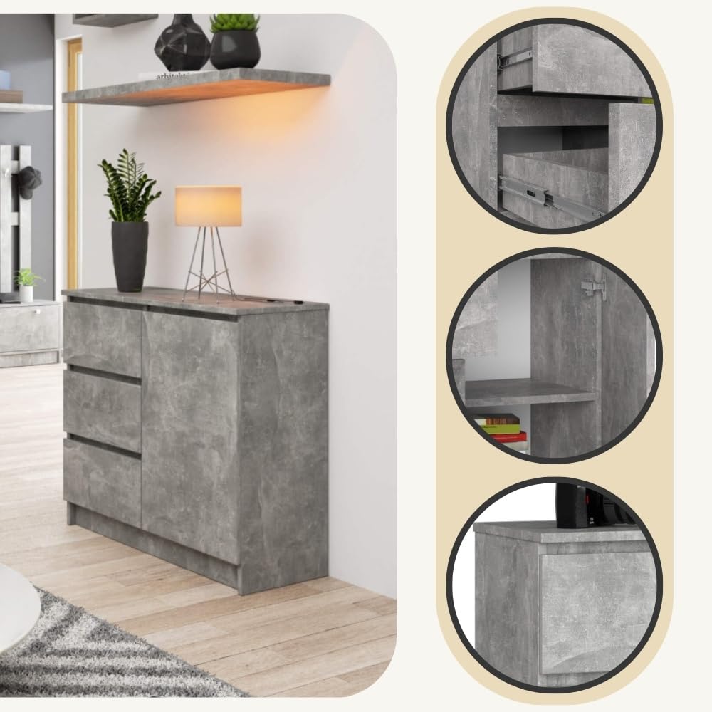 AKORD Kommode K-80 Jerry mit 3 Schubladen | Schrank mit 2 Einlegeböden und 1 Tür | Für das Wohnzimmer Schlafzimmer | Moderne | 16mm Laminierte Platte | 80x77x35 cm | Beton + Beton Front