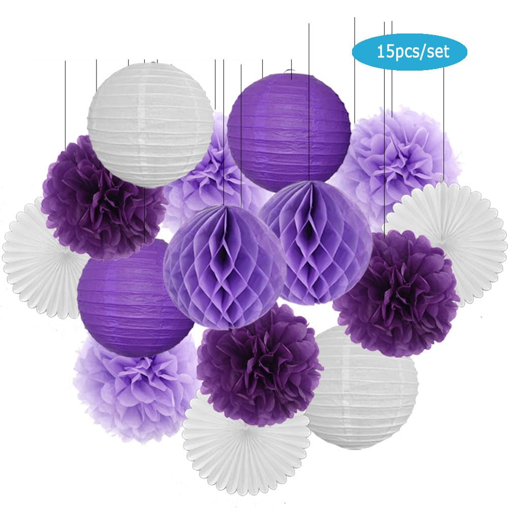 Juego de linternas de papel, Juego de farolillos de papel redondos en azul y blanco for recuerdo de fiesta, decoración for bautizo, bodas, bricolaje, abanico de papel con pompones(Yellow Set,8inch)
