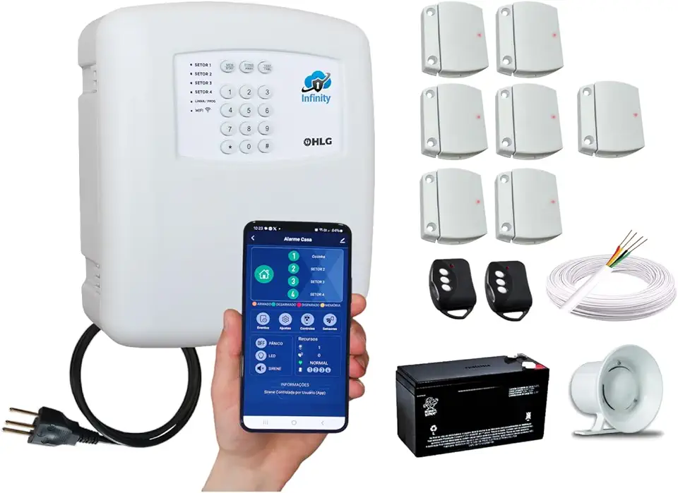 Kit Central de Alarme Infinity WiFi c/ App Grátis - com Sensores Sem Fio, Bateria No Break, Sirene, completo - Monitore seu Alarme pelo Celular de onde Estiver