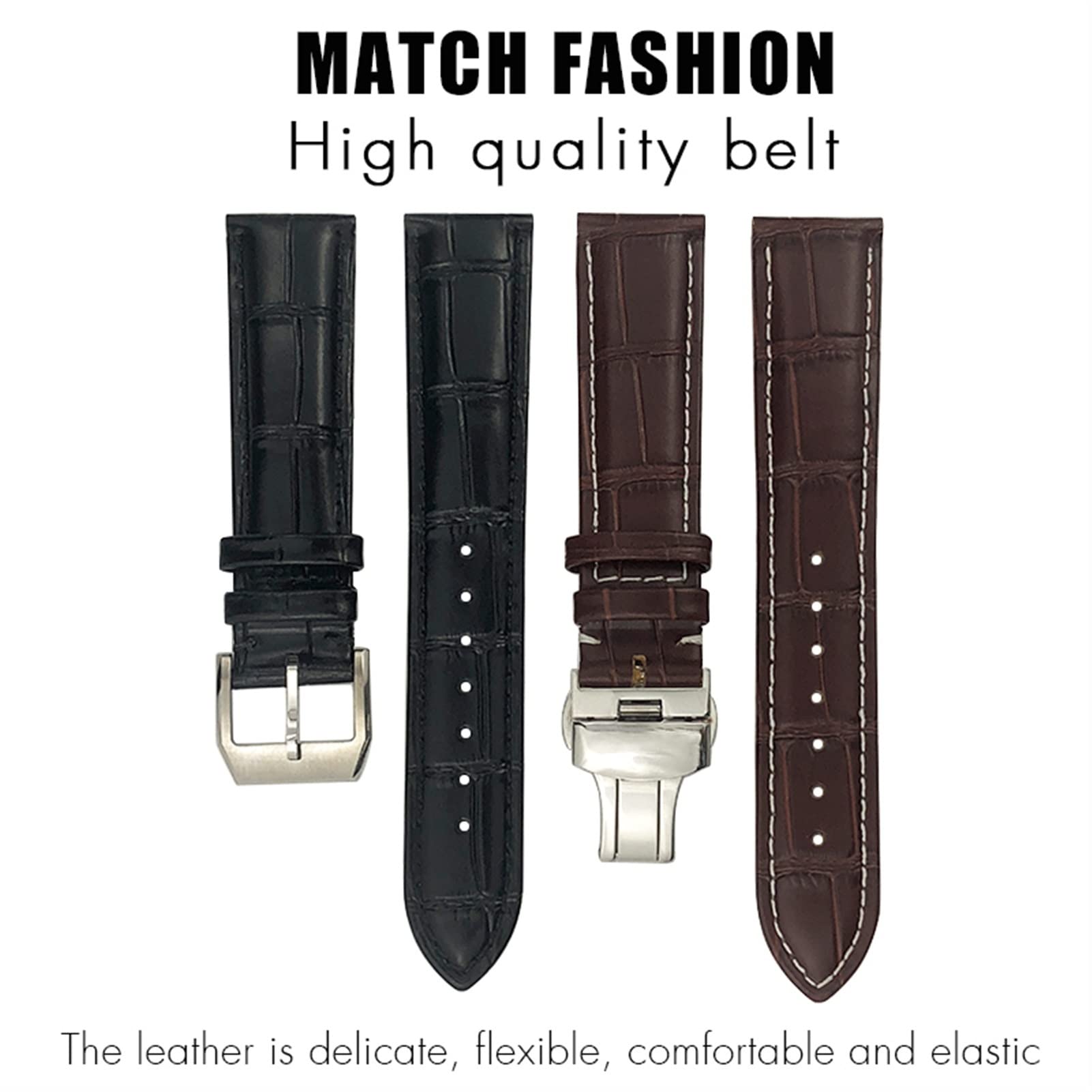 ONECM Bracelet de montre en cuir de vachette 20 mm 22 mm 19 mm 21 mm en acier inoxydable avec boucle papillon, 22mm, Agate