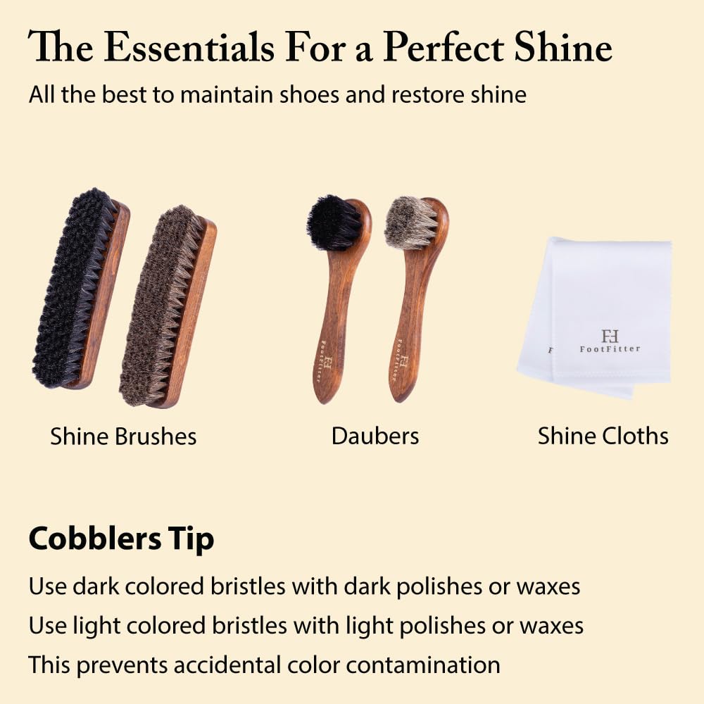 FootFitter Premium Shoe Care Brush Set, Horsehair Shine Brushes & Tools for Polishing Leather & Suede Shoes (Made in Germany)