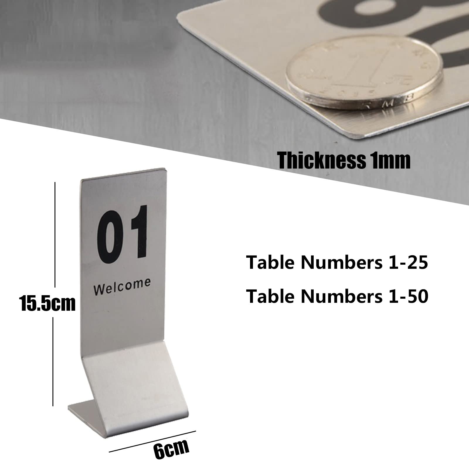 Stehende Tischnummern für Hochzeiten, 1-25 1-50 Tischnummernkarten aus Edelstahl – robust und leicht zu reinigen, zyklisch verwendbar, Tischschilder für Restaurants, Tischkartenhalter (1-25 15,5