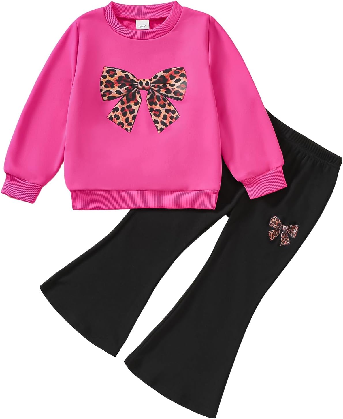 Girls Fall Winter Clothes Sweatshirt Flare Pants 2Pcs Outfits 3-7Y | Kids Long Sleeve Bow Print Pullover Leopard Flare Pants Little Girl 2 Piece Clothing Set