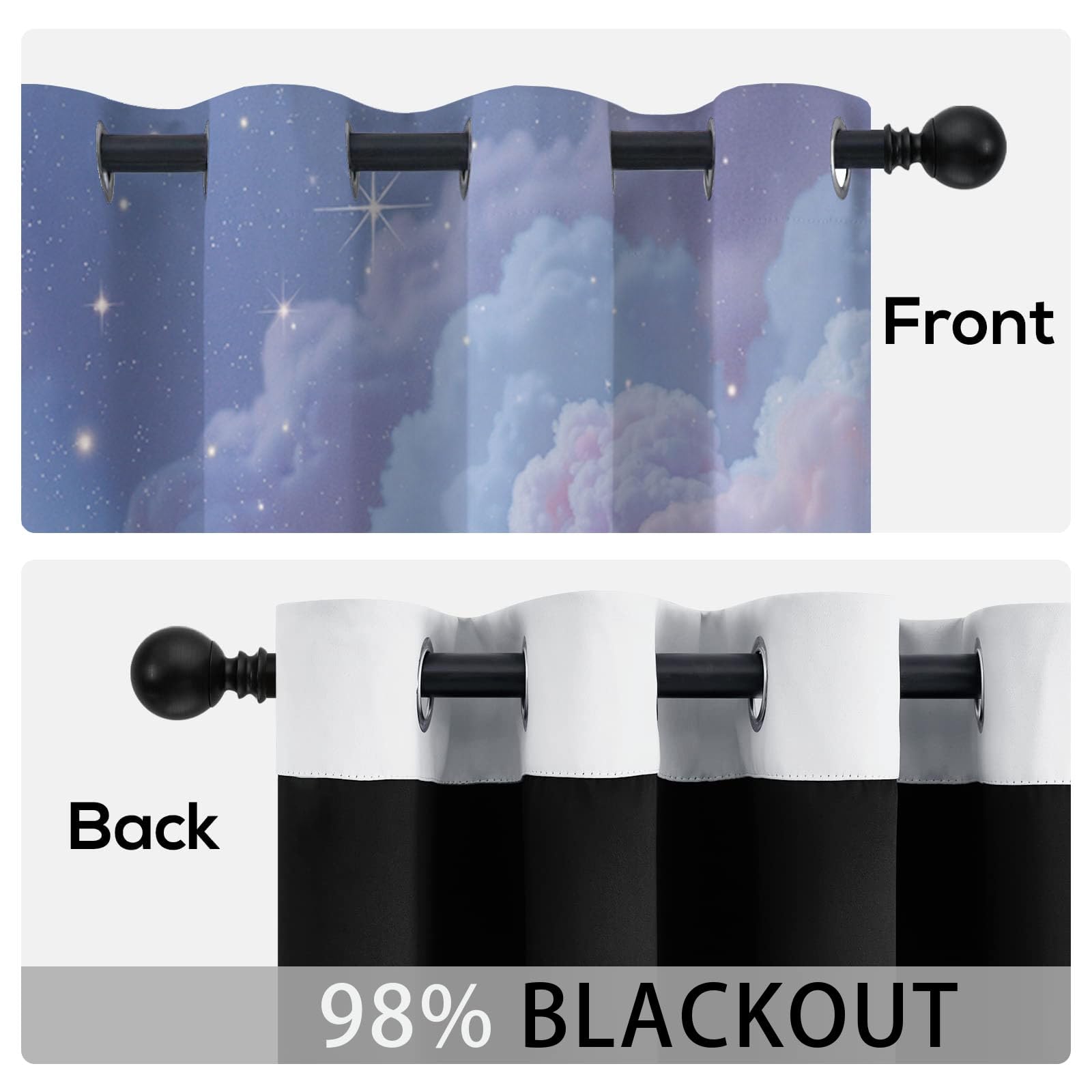 Style Aquarelle Rideau Occultant,Étoiles Et Nuages Rideaux Thermiques À Oeillets, Rose-Violet Rideaux Imprimé pour Salon Chambre Fenetre Décoration - L140×H260Cm (2 Panneaux)