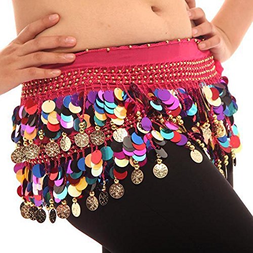 Image of VRITRAZ Women's Chiffon Belly Dance Hip Scarf Waistband Belt Skirt Mixed Colors Beads and Golded Coins 56 Black