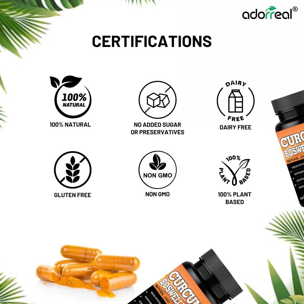 Adorreal Curcumin Boswellia Capsules with Black Pepper Extract – Natural Joint Support Formula | 400mg Curcumin + 200mg Boswellia | Veg Capsules (60 Capsules) 3