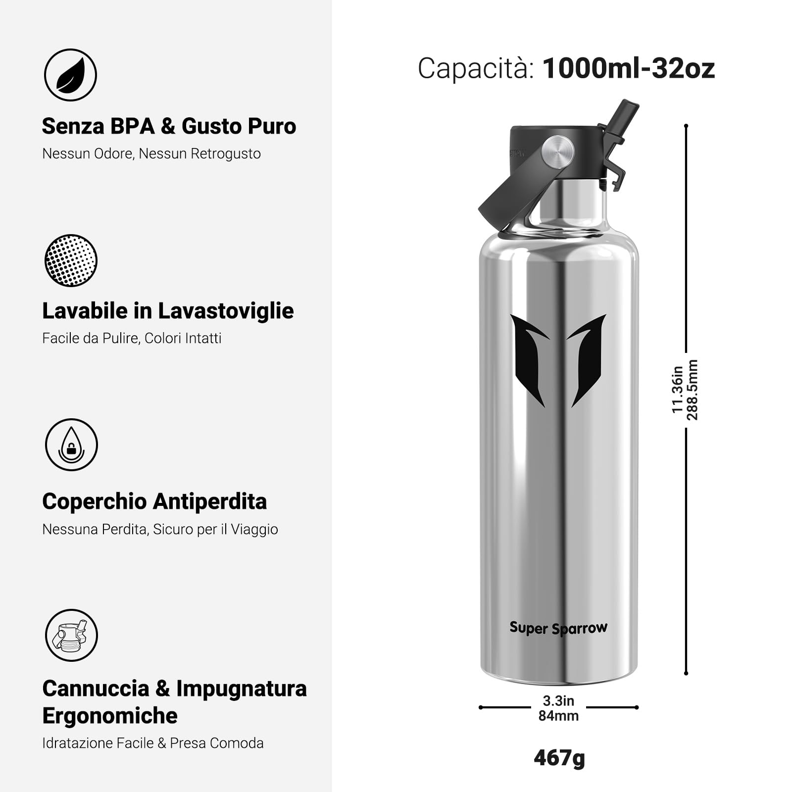 Super Sparrow Borraccia Termica, Acciaio Inox Bottiglia Termica - 350ml, 500ml, 750ml, 1L, 1.2L - Senza BPA Borracce, Borraccia Bambini per Scuola, Sport, Campeggio, Yoga, Palestra, Ciclismo