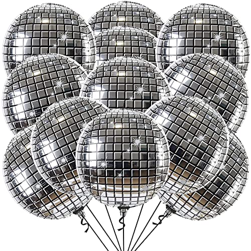 KatchOn, Silver Disco Ball Balloons - 22 Inch, Pack of 12 | Two Groovy Party Decorations, Disco Party Decorations | 4D Sphere Disco Balloons for Disco Ball Decor | New Years Eve Party Supplies 2024