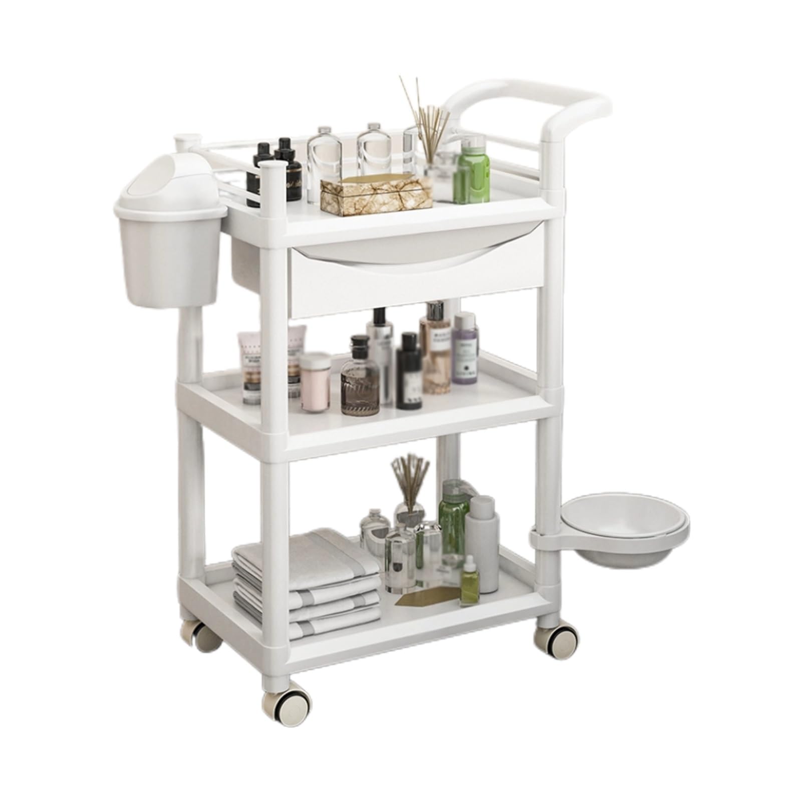 Barbershop Beauty Trolley with Wheels Multi-Purpose Salon Trolley with Workbench Rack Trolley with Drawer,Trash Can Basin 4 360° Swivel Casters,Easy to Move,Suitable for Salon Spa Tattoo(Color 1)