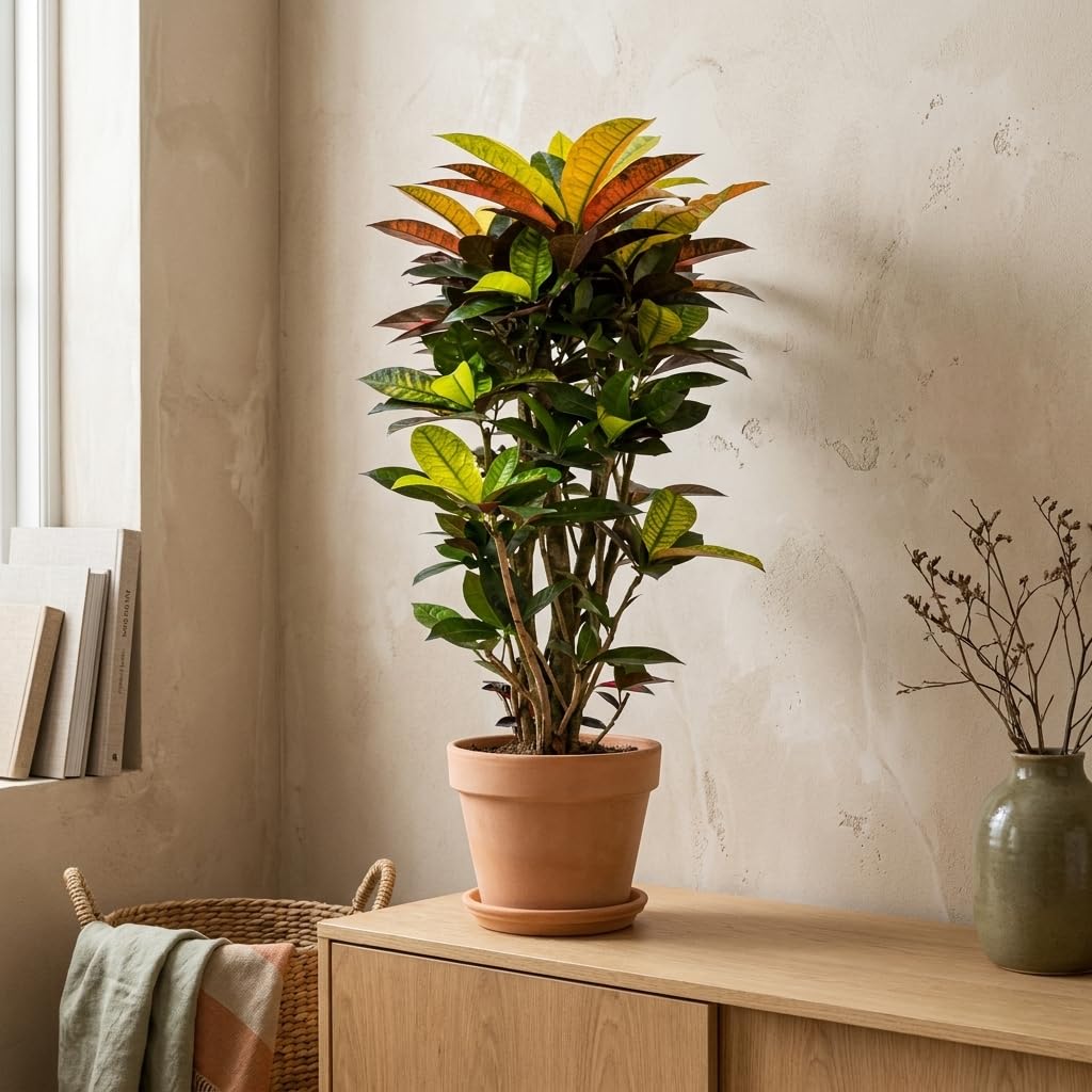 Bloomique – Codiaeum Variegatum Iceton – Kroton – Blattschmuckpflanze – Zimmerpflanze – Panaschierte Blätter in Gelb, Orange und Rot – Luftreinigend – Höhe 70–80 cm – Topf 24 cm