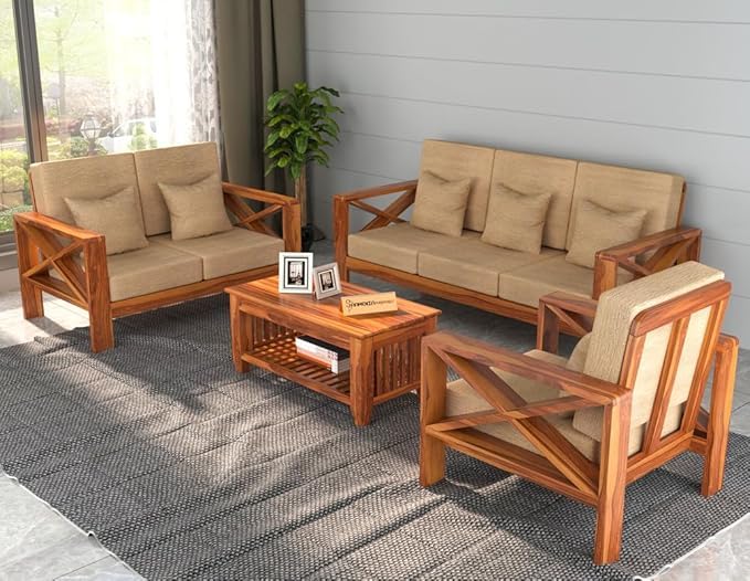 Image of Sheesham Wooden 6 Seater Sofa for Living Room | Rosewood 6 Seater Cushion Sofa X-Legs | Solid Wood Sofa Set for Lounge (3+2+1,Honey)